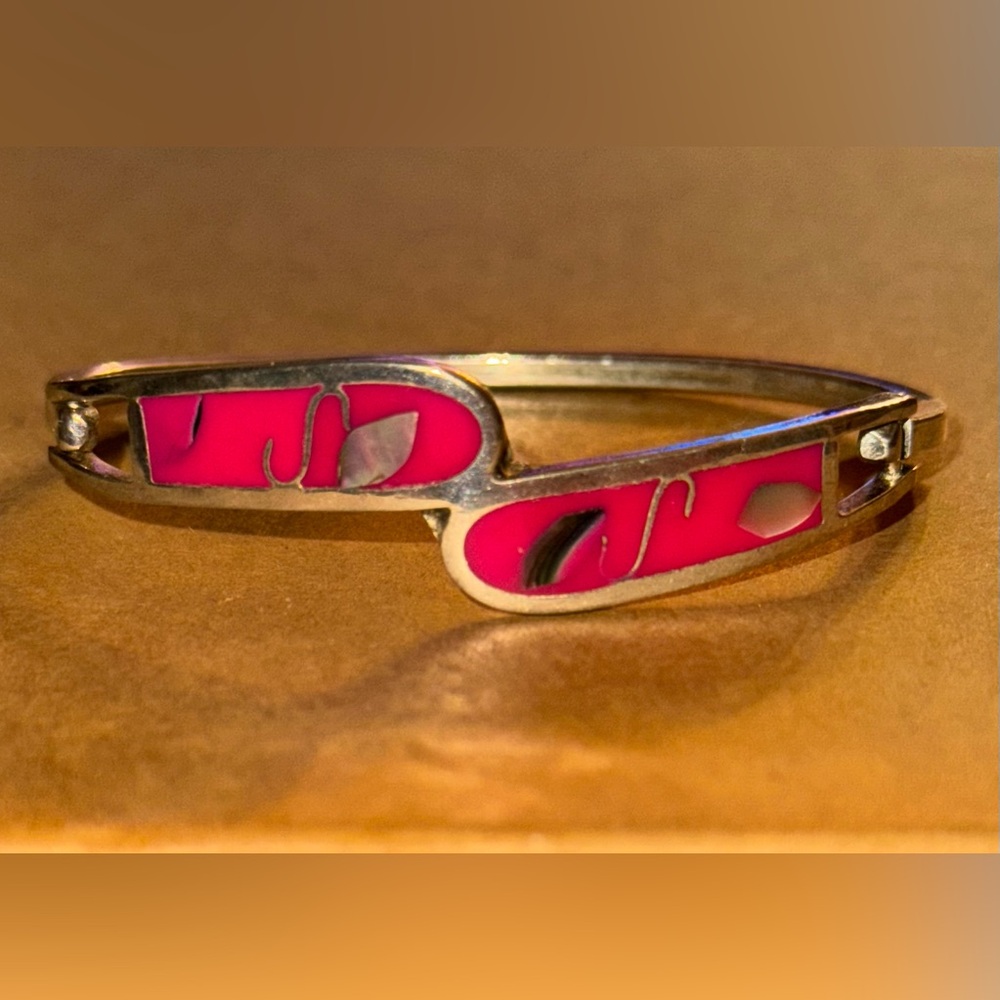 Taxco Sterling Abalone and Pink Enamel Cuff